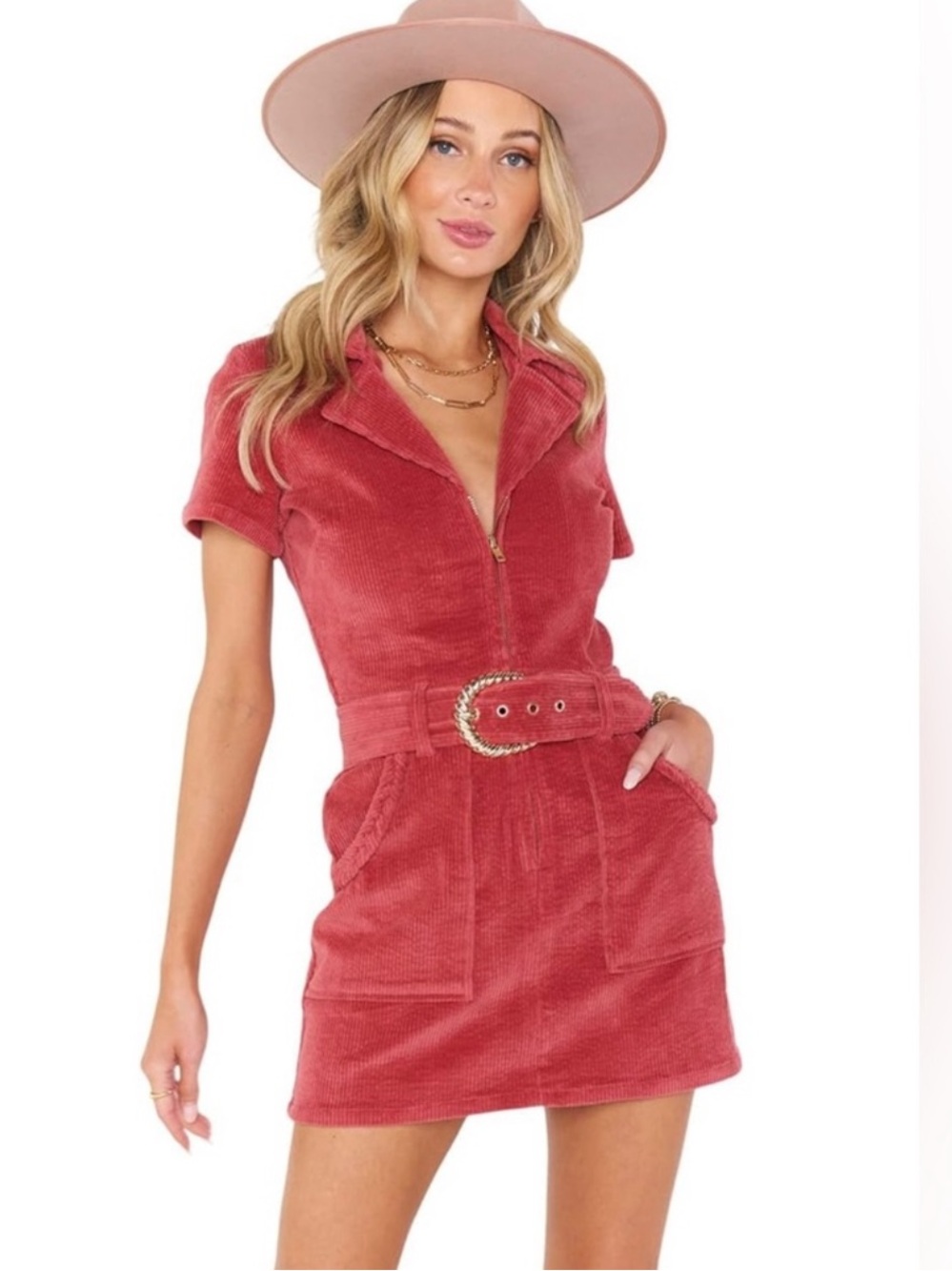 Show Me Your Mumu Outlaw Mini Dress Rose Pink Corduroy Short Sleeve Size Small